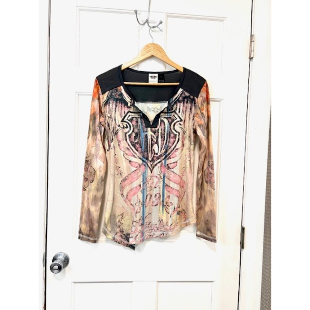Harley Davidson Womens Shirt Size L Long Sleeve Wings‎ Shield Y2K Graphic Sheer
